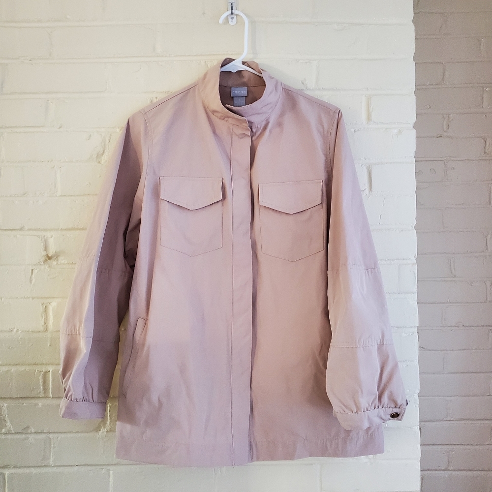 Chico's Sz 2 Khaki Windbreaker Snap Front Jacket Sz 12-14